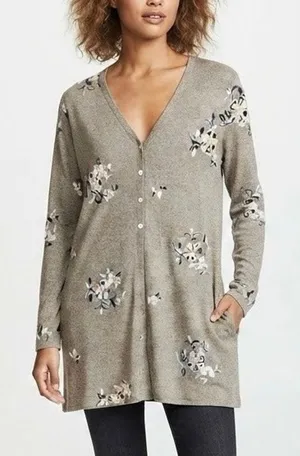 Figueroa & Flower Floral Embroidered Longline Cardigan Sweater Grey Boho Size XL thumbnail 1