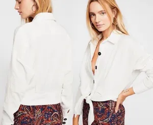 Free People Sunstreaks Tie-Front Shirt White Gauze Button Down Boho Cropped LRG thumbnail 2