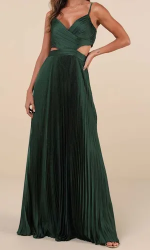 NEW Lulus Got the Glam Emerald Green Satin Pleated Cutout Maxi Gown Dress XS thumbnail 1