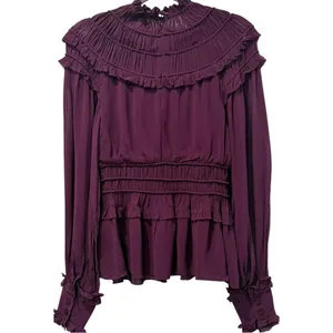 FARM RIO Ruffled Pleated Burgundy Purple Peplum‎ Blouse Sheer Sleeve Top XS thumbnail 5