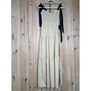 NWT Lulus Bembe Beige Tie-Strap Tiered Maxi Dress Coquette Holiday Resort Sz S thumbnail 2