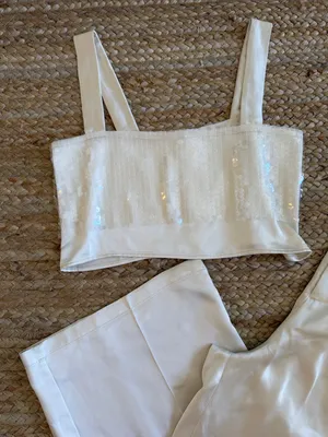 The Noli Shop Women's Cream Sequin Crop Top & High-Waist Pants Set thumbnail 4