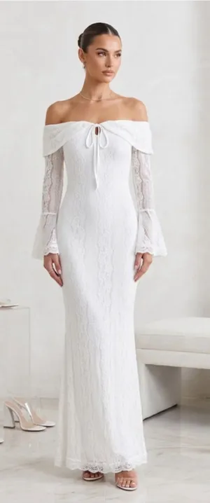White Lace Off Shoulder Maxi Dress Bell Sleeve Wedding Bridal Slit Boho Medium thumbnail 1