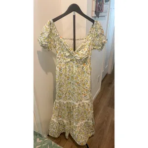 Japna Floral Cotton‎ Midi Dress Yellow White Puff Sleeve Tiered Lace Trim Size M thumbnail 5