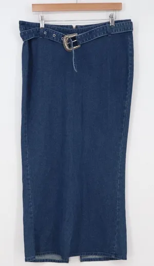 PrettyLittleThing Denim Skirt Womens 8 Maxi Western Belted Blue Slit Excellent thumbnail 1