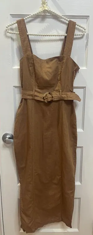 Zara brown linen-blend midi dress with matching belt and Slit Size XS thumbnail 1