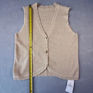 Womens Knit Vest Beige Tan V-Neck Button Scalloped Hem Small Bohemian Cottage thumbnail 5