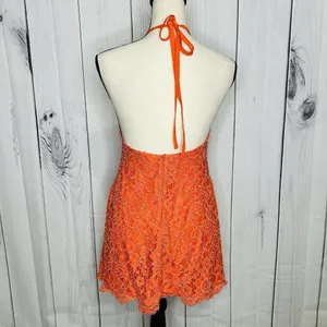 NBD Revolve Lace Overlay Floral Halter Dress Sz S Orange Mini A-Line Ribbon Tie thumbnail 8