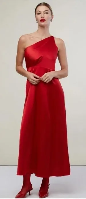 Rachel Parcell Red Silky Charmeuse One Shoulder Slit‎ Midi Dress 4 thumbnail 1