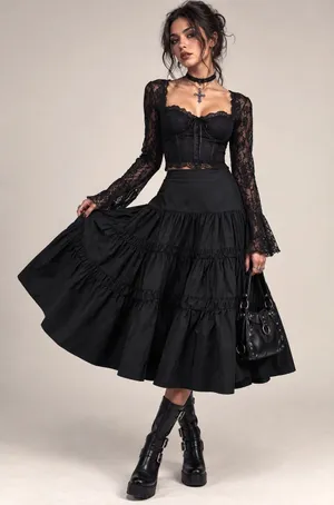 Lulus Darling Flourish Tiered Midi Skirt Size L Black High A-Line Victorian Goth thumbnail 1
