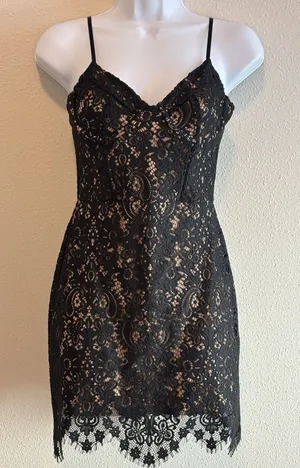 For‎ Love and Lemons XS Vika Mini Dress Black Lace Overlay Bodycon Corset thumbnail 1