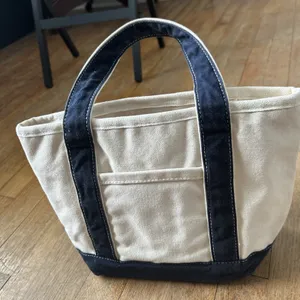 GH Bass Canvas Tote Bag Navy Blue Cream Zipper Top Boat Bag Small Med Mens Wmns thumbnail 4