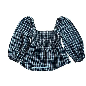 Abercrombie & Fitch Y2K Smocked B&W Gingham Square Neck Peplum Top Puff Sleeves thumbnail 2