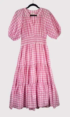 Entro Midi Dress Pink Tiered Gingham V Neck Puff Sleeve Smocked A Line Medium thumbnail 1