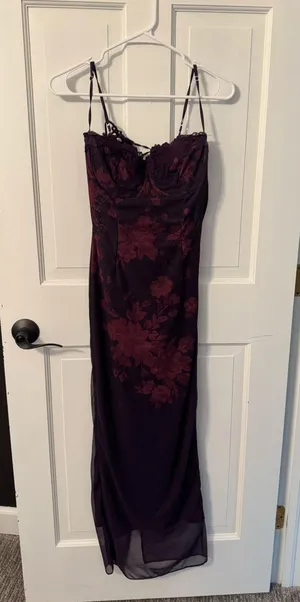 Purple floral long bodycon dress thumbnail 1