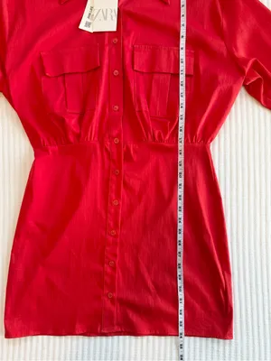 Zara Red Poplin Mini Shirt Dress with Long Sleeves NWT thumbnail 10