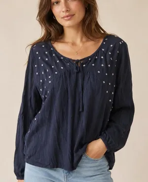 Peasant Blouse Navy Embroidered G.H. Bass Boho Cottagecore Large thumbnail 1