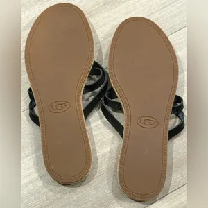 UGG Women's Black Leather Thong Sandals with Tan Footbed Size 7 thumbnail 2