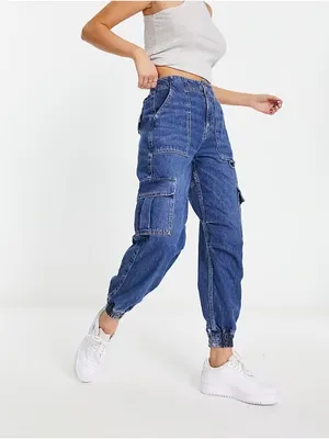 River Island High-Waist Blue Denim Cargo Jogger Jeans Size 10 NWT thumbnail 2