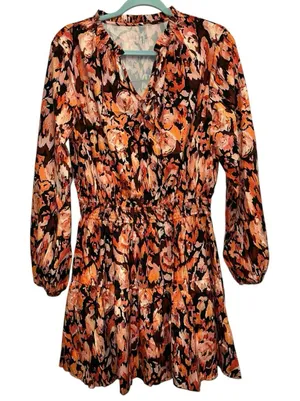 Cupshe Floral Mini Dress Large NWT Long Sleeve Smocked Waist Boho Dress‎ thumbnail 1