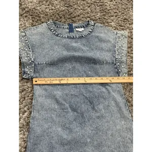 Vintage LALA FACTORY Acid Wash Pearl Beaded Sleeve Denim Mini Shift Dress Size S thumbnail 11