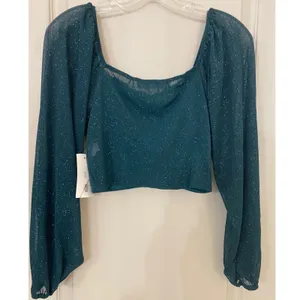 Fairygrunge Mesh Emerald Sheer Sparkle Ruched Long Sleeve Crop Top‎ Size S thumbnail 2