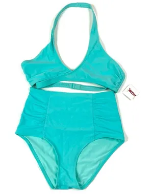 Aerie Aqua Blue Bikini- Halter Wrap Top, High Waist Bottoms Womens Medium thumbnail 1