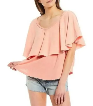 Free‎ People Women's Medium Girl Talk Ruffle Linen Blend Top Sunny Peach Blouse thumbnail 1