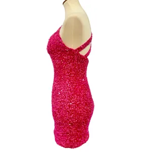 Hot Pink Sequin One Shoulder Mini Dress Barbiecore Y2K Party Hoco, Size S thumbnail 3