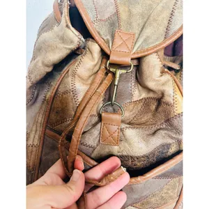 Vintage 1980s/90s Brown Leather Patchwork Clip Front Drawstring Backpack Bag thumbnail 7