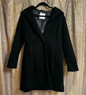 Steve Madden Black Hooded Long Pea-coat Button-Front Coat Small thumbnail 1