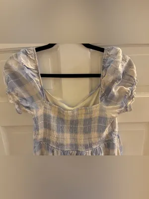 Prómesa Women’s Brand Light Blue and Cream Plaid Puff Sleeve Dress Size Small thumbnail 5
