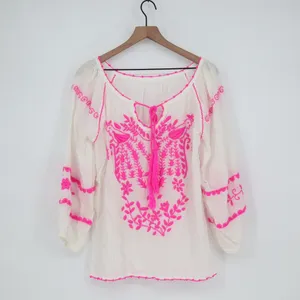 White Boho Embroidered Tassel Tie Neck Tunic Top Pink Birds thumbnail 2