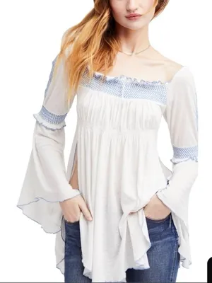 Free People Valley Peasant‑Style Top – Cream with Blue Embroidery – Size Medium thumbnail 2
