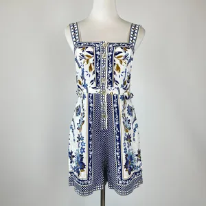 NWOT Farm Rio Linen Blend Floral Print Romper Blue Size XS thumbnail 3