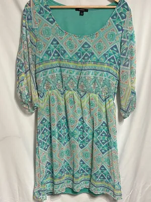 Espresso Teal and Coral Geometric Knee Length Y2K Women’s Dress thumbnail 1