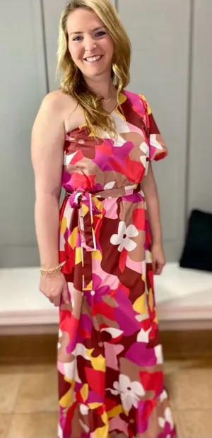 Fantastic Fawn One-Shoulder Maxi Dress in Pink, Red and Yellow Floral thumbnail 1