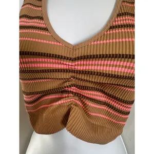 Aerie Brown Pink Striped Ribbed Ruched‎ Front Crop Tank Top XL Retro Y2K Indie thumbnail 3