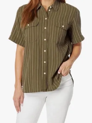 Madewell Lightspun Short Sleeve Flap Pocket Stripe Shirt in Kale Green Medium thumbnail 1