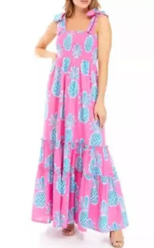 Crown & Ivy Women’s Dress M Pink Blue Pineapple Swiss Dot Smocked Maxi Beach thumbnail 1