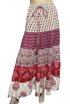 Luna Llena Women’s Size XS Red Cream Paisley Bohemian Tiered Maxi Skirt thumbnail 1