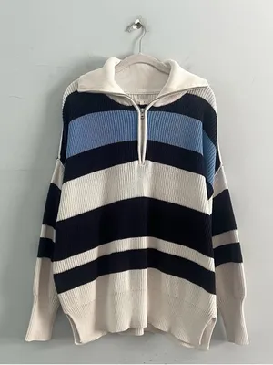 Aerie Beyond‎ Quarter Zip Sweater Blue Striped Cotton Knit Pullover Size Small thumbnail 2