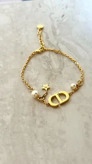 Christian Dior Crystal & Resin Pearl Petit CD Charm Gold Bracelet thumbnail 3