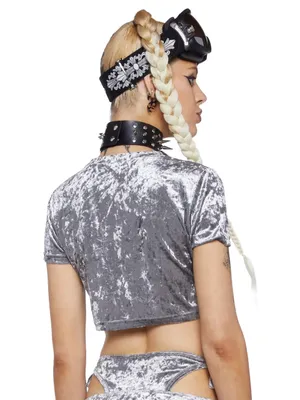 Dolls Kill Club Exx Sassy Solar Silver Crushed Velvet Crop Top Size Large thumbnail 4
