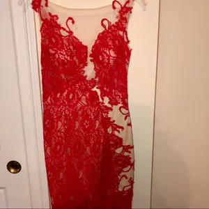 jovani red and nude lace fitted prom dress thumbnail 6