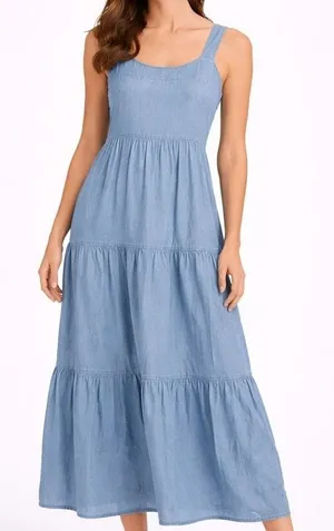 The Drop Denim Tiered Maxi‎ Dress Blue XXS Spaghetti Strap Casual Summer thumbnail 1
