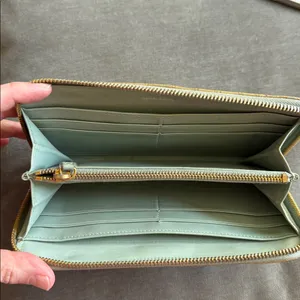 Miu Miu Metallic Gold Croc-Embossed Wallet with light blue interior. thumbnail 3
