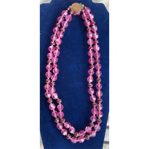 Vintage Pink Red Double Strand Acrylic Glass Bead Necklace Germany 22" MCM thumbnail 7