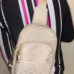 Leathered Cream Sling Crossbody Bag with Gold Accents thumbnail 2