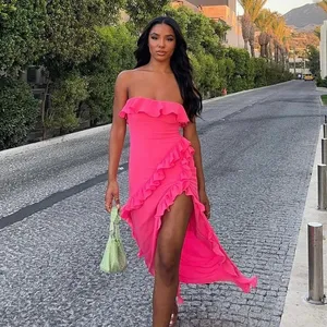 House of CB Ruffle Strapless Maxi Dress S - Hot Pink thumbnail 2